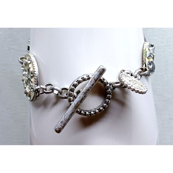 Jessica Simpson Bracelet Chain Clover Silvertone Sand Dollar Disc Star Toggle 7" - Picture 13 of 16